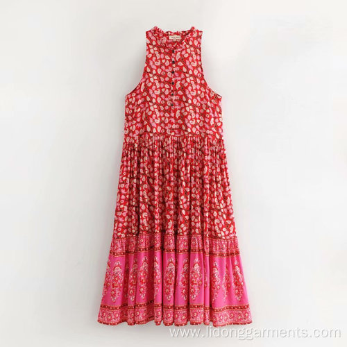 Summer Beach Deep V-neck Sleeveless Flower Printing Dress